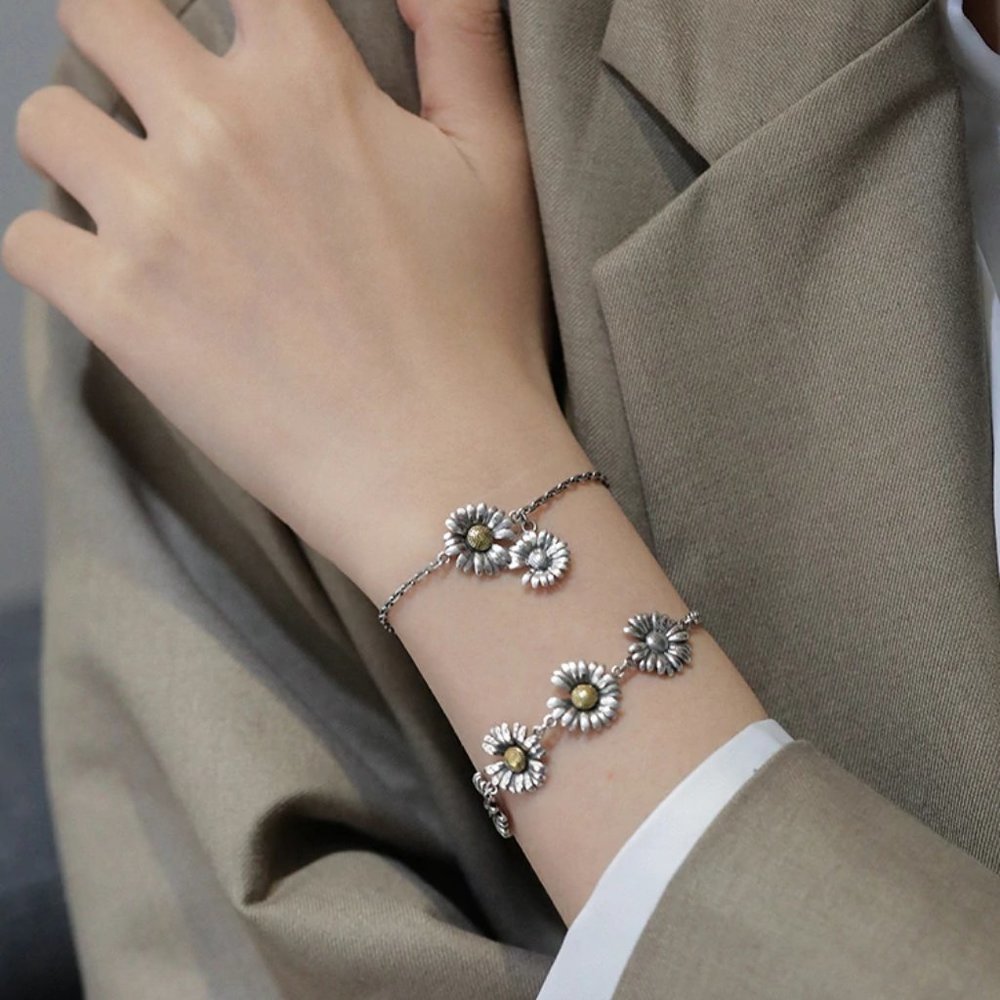 NEW 925 Sterling Silver Vintage Sunflower Bracelet - Picture 2 of 10